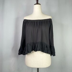 NWT Zara blouse lightweight cotton gauze off shoulder ruffle cropped black Small